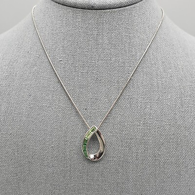 #ad Lia Sophia Necklace Green Crystal Teardrop Pendant Silver Tone Snake Chain 16quot; $7.99