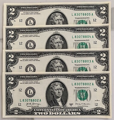 #ad Lot of 4 Uncirculated Sequential Two Dollar Bills Consecutive Serial # Lucky $2 $12.99