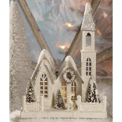 11quot; White Christmas Village Mantel Church Bottle with Brush Tree $49.99