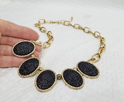 #ad Chunky Gold Tone Black Druzy Style and Crystal Oval Tile Bib Choker Necklace $13.27