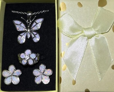 #ad Exquisite White Fire Opal Butterfly Necklace Earrings amp; Ring Size 8 Set $20.50