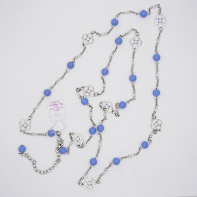 #ad 41quot; lia sophia jewelry long necklace silver tone chain blue white enamel flowers $7.99