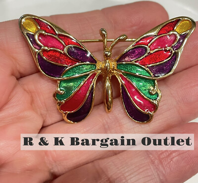 #ad Vintage gold tone Stained Glass Colors Enamel butterfly brooch pin $12.71