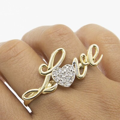 #ad Shiny quot;Lovequot; Script CZ Heart Two Finger Ring Real 10K Yellow Gold $376.74