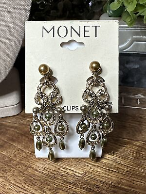 #ad Beautiful MONET Gold Champagne amp; Green Chandelier Clip On Earrings $32.00