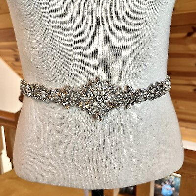 #ad Sparkling Crystal Bridal Belt Sash with Silver Finish and Bright White Ribbon $24.00