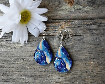 #ad Celestial Agate Earrings Handmade Wood Tear Drop Dangle Printed Jewelry $14.98