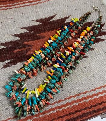 #ad Gorgeous old looking multi strands turquoise coral nuggets necklace z138b w5 $65.00