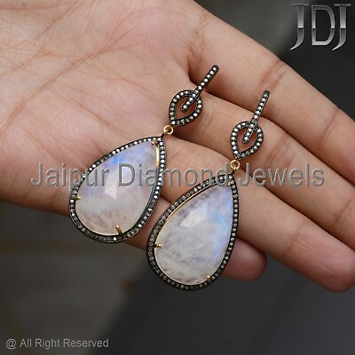 #ad Natural Pave Diamond Moonstone Gemstone 925 Silver Jewelry Designer Drop Earring $435.80