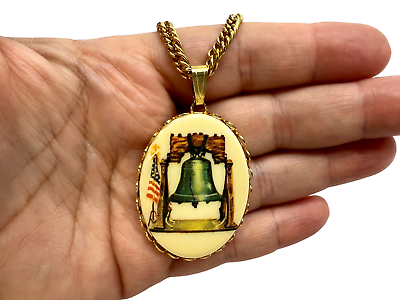 #ad Vintage Necklace Pendant Gold Tone Oval w Liberty Bell Bold Cable Link Chain 24quot; $14.00