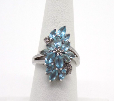 #ad Vintage Genuine Blue Topaz Cluster Ring 925 Sterling Silver Diamond Accents 7 JC $65.00