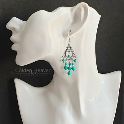 #ad Blue Green Turquoise Chandelier Earrings Boho Tibetan 925 Sterling Silver Hooks $14.37