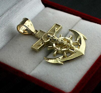 #ad Real 10K Yellow Gold Mens Anchor Cross Pendant Diamond Cut Jesus Crucifix Charm $199.99