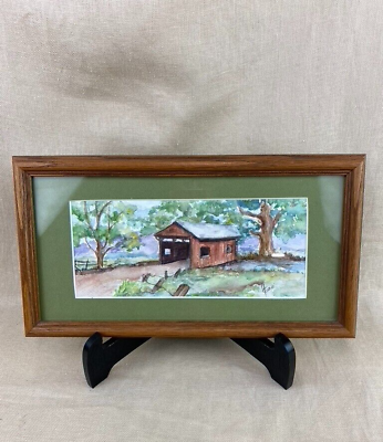 #ad Original Covered Bridge Watercolor Oak Framed Matted Signed $39.92