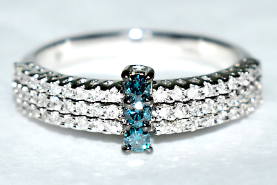 #ad Blue Diamonds Ring 9ct White Gold amp; White Diamonds 0.64ct Three Row Band Ring N7 GBP 325.00