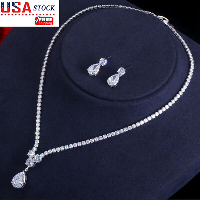 #ad Elegant Drop Necklace Earrings Cubic Zirconia Bridal Silver Plated Jewelry Set $19.99