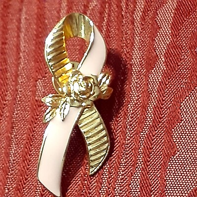 #ad AVON Breast Cancer Awareness Ribbon Pink Enamel Gold Tone Lapel Pin Rose SIGNED $15.00