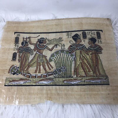 #ad Egyptian Papyrus Rice Paper Painting King Tutankhamen Tut Wife Birds 17.5”x13” $37.49