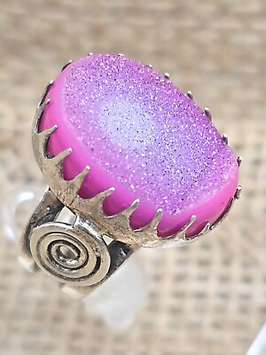 #ad Sterling Silver Hot Pink Druzy Geode Ring Size 7 Celtic Swirl Double Shank $39.00