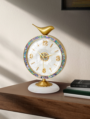 #ad Desk Clock Decorated Gold Bird Case Made Of Brass and Inlaid With Pearl Shells $99.95