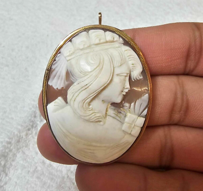 #ad 14K Gold Carved Shell Cameo Beautiful Lady Brooch Pin Pendant 8.56g TESTED $249.99
