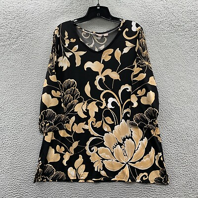 #ad CHICOS Blouse Womens Size 2 Large Top Floral 3 4 Sleeve Black White Tan $17.95