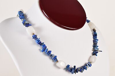 #ad 19quot; Genuine Blue Lapis Lazuli Chip amp; White Snow Quartz Beaded Necklace $36.00