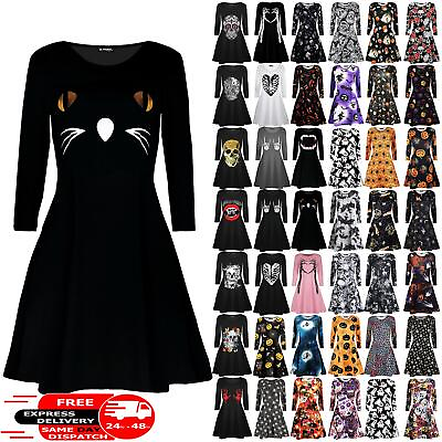 #ad Womens Ladies Halloween Costume Scary Cat Face Party Smock Flared Swing Dress GBP 8.39