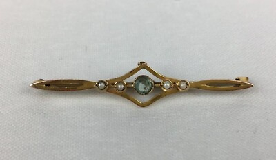 #ad Antique 9ct Yellow Gold Seed Pearl amp; Aquamarine Bar Brooch 4.6cm Wide GBP 69.00