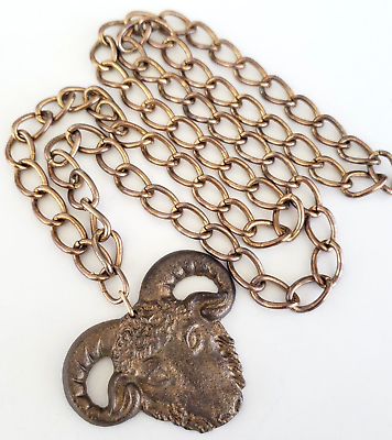 #ad Vintage Aries Ram Head Zodiac Bronze Gold Tone Pendant Necklace 30quot; Claspless $16.95