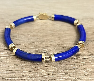 #ad 14k Yellow Gold Chinese Blue Lapis Bar Link Panel Bracelet 7” $399.99