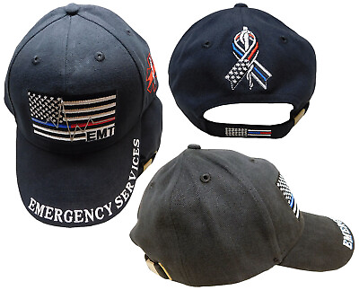 #ad EMT Emergency Services USA Thin Blue Red Line Ribbon Black Embroidered Cap Hat $14.44