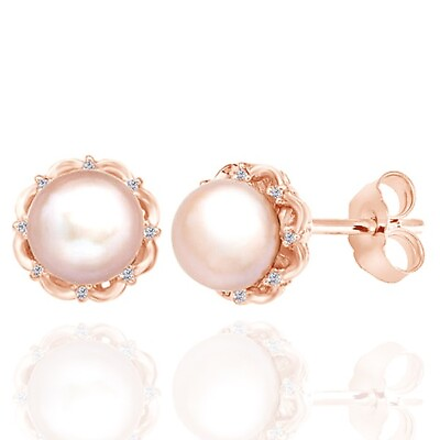 #ad 8 mm Simulated Pink Pearl Stud Earrings 14K Rose Gold Plated 925 Sterling Silver $64.79