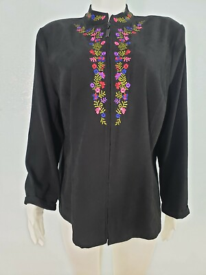 #ad Notations Women Flower Blazer Size 2X Flower Neckline Embroidered Black $14.99