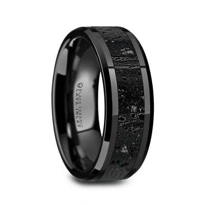 #ad VESUVIUS Polished Black Wedding Ring Black Gray Lava Rock Stone Inlay 8mm $230.00