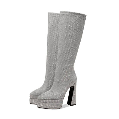 #ad Womens New Rhinestone Decor Pointed Toe Thick Heels Platform Knee High Boots $137.27