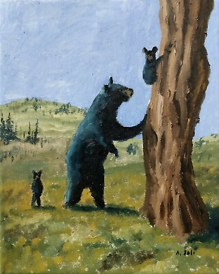 #ad Oil Painting Mother Bear Cubs Tree Animal Wildlife Landscape Art by A. Joli $135.00