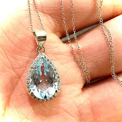 #ad 925 Sterling Silver Blue Topaz Pendant Necklace Pear Cut 18quot; Created FREE Shipp $17.08