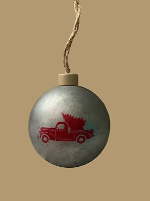 #ad Silver christmas Tree Ornament Ball Farmhouse Red Truck Metal Holiday Decor $10.00