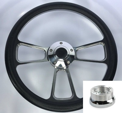 #ad 14quot; Polished Steering Wheel Black Wrap Billet Horn Button amp; Adapter For Chevy $176.87