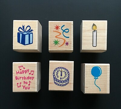 #ad BIRTHDAY SCRIPT CAKE CANDLE CONFETTI GIFT LOT OF 6 Hero Arts Wood Rubber Stamp $7.99