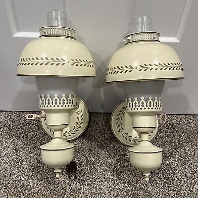 #ad #ad 2 Vintage Toleware Sconce Wall Hanging Plug In Lamp Metal Ivory Flower $125.00