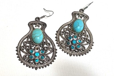 #ad Vintage Pair of Dangling Hanging Blue Turquoise Stone Women’s Jewelry Earrings $35.60