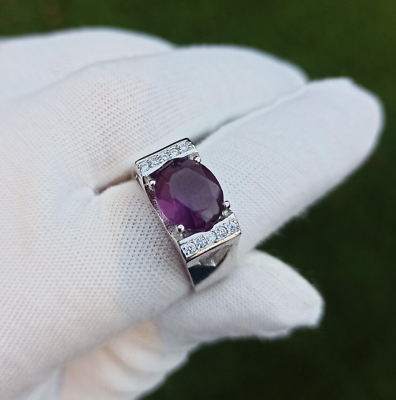 #ad Amethyst Ring Silver 925 Zirconia Modernist Art Deco Purple Signet Oval Gift Box $47.20