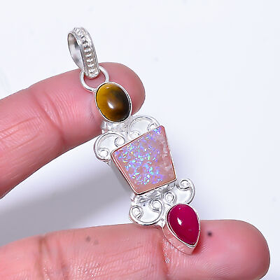#ad Rainbow Quartz Druzy Multi Gemstones 925 Sterling Silver Pendant 2.34quot; P0344 $12.74