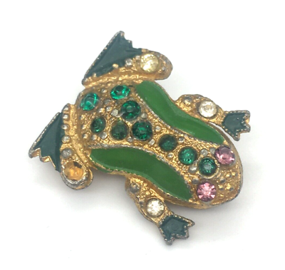#ad Vintage Antique Frog Brooch Green Enamel Gold Tone Pink Green Stones $16.95