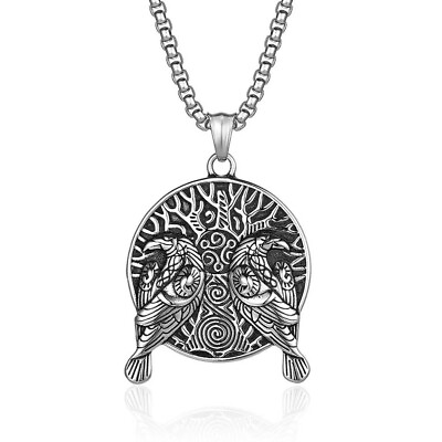 #ad Men#x27;s Viking Huginn amp; Muninn Ravens Pendant Necklace Stainless Steel Chain 24quot; $11.99