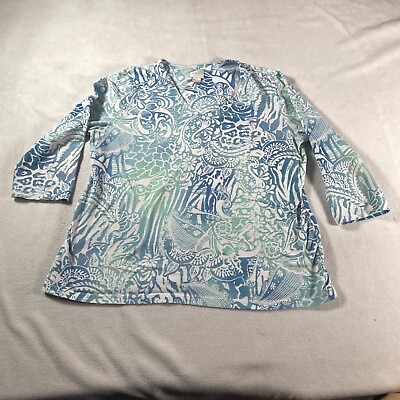 #ad Chicos Shirt Womens 2 Top Blue Floral Print V Neck Quarter Sleeve Casual T $11.04