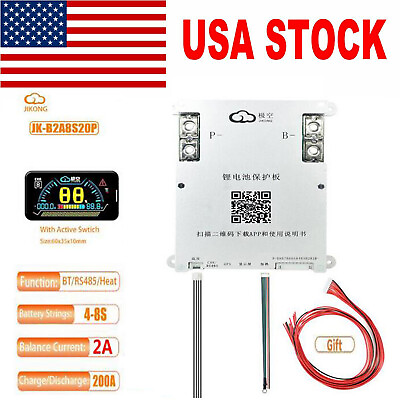#ad JK BMS Lifepo4 Li Ion LTO Battery 2A 4 8S 200A Active BalanceHeat Cable FS USA $131.40