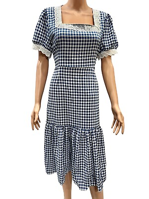 #ad NWT Vintage Retro Style Blue Check Lace Square Neck Dress Tie Back Fits Size SML $22.25